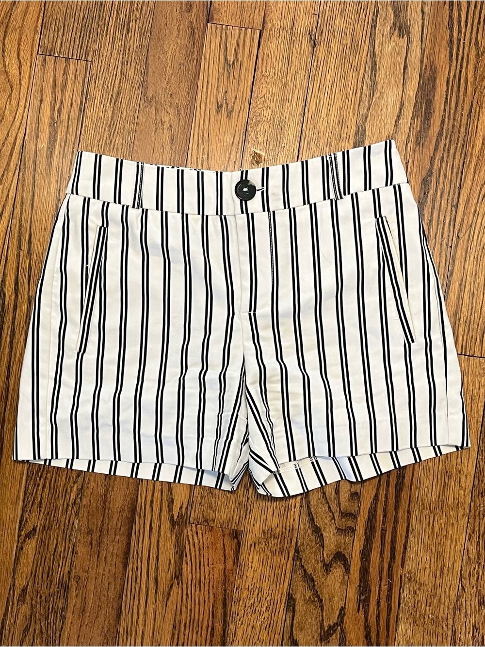 Mango White Shorts with Black Vertical Stripes